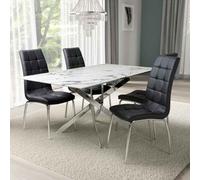 amityville white marble effect dining table with 4 black justin chairs
