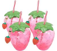 AMJKEJI 4Pack Drinking Cup with Lid and Straw Lovely Strawberry Tumbler Mug Plastic Milk Tea Cup Resuable Cold Beverage Cups Jar for Home Office Bars Beach Pool Tropical Party Supplies 500ML, Pink