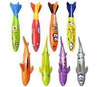 AMJKEJI 8 Pcs Swimming Pool Toys Shark Underwater Diving Toys Throw Rocket Diving Sticks Colorful Sinkies for Kids Swimming Birthday Gifts Swim Dive Training Water Fun Pool Games