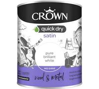 AMK® Crown Quick Dry Satin Paint 750ml Pure Brilliant White Water Based Interior Wood Metal Finish Low Odour Non Yellowing Durable Wipeable Mid Sheen Trim Skirting Doors Frames