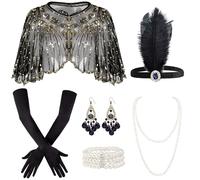 Amlisia 1920s Flapper Accessories for Women, Great Gatsby Accessories for Women Roaring 20s Accessory 1920 Accessory with Sequin Flapper Shawl 1920s Headpiece Pearl Bracelet Necklace