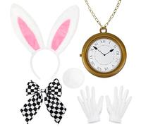 Amlisia 5PCS White Rabbit Costume Accessories, Bunny Costume Set with Ears Headband and Tail Clock Bow Tie for Women Men for Halloween Cosplay