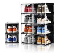 Amllas 10 Pack Shoe Boxes Stackable,Upgraded Sturdy Storage Boxes with Clear Magnetic Door,Multifunctional Sneaker Organizer Fit up to US Size 12 (13.8”x 9.84”x 7.1”)