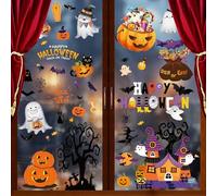 AMLOOPH Halloween Decorations Window Stickers, 9 Sheets Pumpkin Window Stickers Clings, Cut Bat Spider Ghost Witch Stickers Window Decor for Halloween Window Decorations Indoor