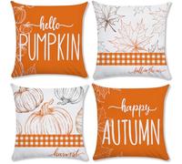 AMLOOPH Halloween Pumpkin Cushion Covers Set of 4, 40x40cm Soft Plush Autumn Cushion Covers with Leaf & Pumpkin, Fall Orange Thanksgiving Harvest Decorative Throw Pillow Cover for Sofa Couch Bed