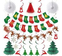 AMLOOPH Paper Christmas Decorations Set, Reusable Sock-shaped Merry Christmas Banner & Bunting with Retro Traditional Hanging Xmas Ceiling Decorations Indoor for Home Wall Office Xmas Party Decor