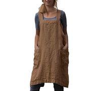 Amlztr Women's Pinafore Apron with Pockets Plus Size Brown Cotton Linen Blend Apron Dress