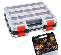 AMM Tool Box, Double Side Tool Box Organizer with 34 Compartments, Removable Dividers, Tackle Box Small Parts Screw Hardware Organizer for Screws, Nuts, Nails and Bolts (1 Piece, Red)