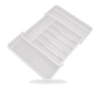 AMMEWORLD Expandable Cutlery Tray - Adjustable Cutlery Drawer Organiser for Forks, Spoons and Knives - Plastic Utensils Divider with 8 Compartments - Compact Kitchen Drawer Organiser (White)