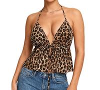 Ammiko Women's Cheetah Print Halter Top Leopard Backless Tie Front Ruffle Crop Y2k Sexy Going Out Tops Club Outfits, Brown, XL