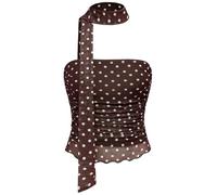 Ammiko Women's Polka Dots Mesh Tube Tops Strapless Leopard Print Y2k Ruched Bandeau Top with Scarf Going Out Party, Brown Polka Dot, L