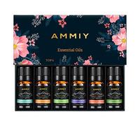 AMMIY Essential Oils Set of 6 x 10ml for Aromatherapy Bath Spa Diffuser Fragrance Relaxing Scent, Pure, Natural, Vegan Oils Including Eucalyptus, Lemon, Peppermint, Lavender, Sweet Orange, Tea Tree