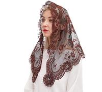 Ammmscaf Triangular Church Veil for Women Spanish Style Mantilla Veils Catholic Latin Mass Lace Head Covering Chapel Veils, Brown&black, Large