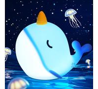Ammonite Blue Narwhal Night Light, Soft Silicone Whale Nursery Lamp with 3 Dimming Levels and 30-Minute Timer, Touch Control Nightlight for Bedroom Decor, Christmas Birthday Gift
