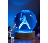 Ammonite Cricket Player Crystal Ball Night Light, 16 Colors Remote & USB | 80mm glass orb, wooden base, 16-color remote, USB powered, cricket gift, boys sports decor