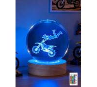 Ammonite Dirt Bike Crystal Ball Night Light, 16 Colors Remote & USB Base | 80mm glass orb, wooden base, 16-color remote, USB powered, nightlight, dirt bike gift, boys bedroom decor