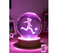 Ammonite Football Crystal Ball Night Light, 16 Colors Remote & USB | 80mm glass orb, wooden base, sports decor, girls room collectible, adjustable glow, USB powered