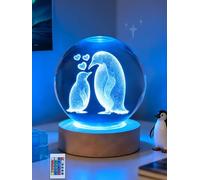 Ammonite Penguin Crystal Ball Night Light, 16 Colors Remote & USB Base | 80mm glass orb, wooden base, 16-color remote, USB, nightlight, penguin gift, family love decor, kids room ornament