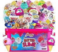 Ammy Glow Butter Slime Kit for Girls Boys ages 8-12- Storage Box Keeps Slime Fresh Avoids Drying Out - Slime Charms w/Organizer - Ice Cream Cupcake Sticker -49 Pcs