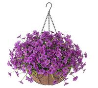Ammyoo Artificial Fake Hanging Flowers with Basket for Spring Outdoor Decoration, Faux Silk Daisy Flower Plastic Plants UV Resistant for Garden Yard Porch Patio Balcony Home Decor(Purple)