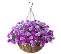 Ammyoo Artificial Faux Hanging Flowers Basket for Outdoors Outside Porch Decoration, Silk Fake Hanging Flowers Colorful Daisy with Coconut Lining Baskets for Courtyard Spring Summer Decor(Darkorchid)