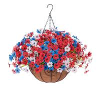 Ammyoo Artificial Faux Hanging Plants Flowers Basket for Spring Outdoor Porch Decor, Fake Silk Colorful Daisy Eucalyptus in Planter UV Resistant Look Real Home Patio Balcony Yard(Red Blue White)