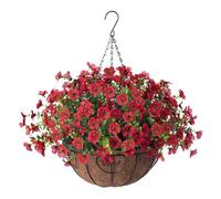 Ammyoo Artificial Flowers Hanging Basket for Outdoor Indoor Spring Summer Decoration,Fake Silk Colorful Daisy Eucalyptus in 12" Coconut Lining Flowerpot Arrangement for Home Patio Yard Decor(Red)