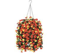 Ammyoo Artificial Flowers in Hanging Basket for Outdoors Indoors Decor, Fake Mums Bush Flowers Plants with Baskets for Home Porch Garden Yard Patio Spring Summer Decoration (Orange Yellow)