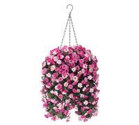 Ammyoo Artificial Flowers in Hanging Basket for Outdoors Indoors Decor, Artificial Mums Bush Flowers Plants with Baskets for Home Porch Garden Yard Patio Spring Summer Decoration(Twin Pink)