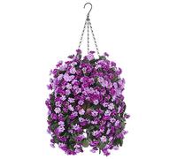 Ammyoo Artificial Flowers in Hanging Basket for Outdoors Spring Decor, Fake Mums Flowers Faux Plants with Basket for Indoors Home Porch Garden Yard Patio Decoration (Purple Pink)