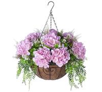 Ammyoo Artificial Flowers in Hanging Basket Planter for Home Spring Summer Decoration, Silk Hydrangea Outdoor Indoor Arrangements, 12" Metal Coconut Lining Basket with Faux Plant(Pink)