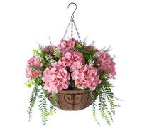 Ammyoo Artificial Flowers in Hanging Basket Planter for Home Spring Summer Decoration, Silk Hydrangea Outdoor Indoor Arrangements, 12" Metal Coconut Lining Basket with Faux Plant(Champagne)