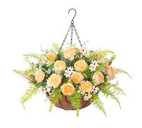 Ammyoo Artificial Flowers in Hanging Basket Planter for Home Spring Summer Decoration, Silk Rose Peony Outdoor Indoor Arrangements, 12" Metal Coconut Lining Basket with Faux Plant(Yellow)
