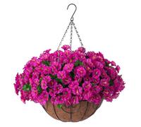 Ammyoo Artificial Hanging Flower Plants with Basket for Spring Summer Outdoor Decoration, Faux Petunias Flowers Fake Morning Glory Planter for Outside Patio Garden Porch Balcony Yard Decor(Fuchsia)