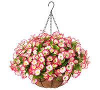 Ammyoo Artificial Hanging Flowers in Basket, Artificial Petunias Flower Arrangement,12 inch Coconut Lining Basket with Morning Glories Fake Plants for Patio Garden Porch Deck Decoration(Pink)