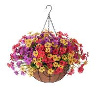 Ammyoo Artificial Hanging Flowers in Basket for Lawn Garden Decor,12 inch Coconut Lining Hanging Baskets with Daisy Flowers for The Decoration of Outdoors Indoors(Red Purple Yellow), ccll-1