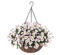 Ammyoo Artificial Hanging Flowers in Basket for Patio Garden Porch Deck Spring Summer Decoration, Faux Daisy Arrangement,Fake Plants in 12 inch Coconut Lining Basket for Outdoor/Indoor(Pink)