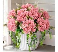 Ammyoo Artificial Hydrangea Flowers Silk Champagne Fake Flower with Eucalyptus for Outdoor Decorations UV Resistant Realistic Faux Plants for Garden Porch Window Box Indoor Table Decor