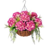 Ammyoo Artificial Hydrangea Flowers with Hanging Basket Planter for Spring Decoration, Fake Silk Flowers Outdoor Arrangements, Faux Hanging Plants for Garden Balcony Outside Decor (Fuchsia)