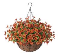Ammyoo Autumn Artificial Flowers Hanging Basket for Outdoor Indoor Decor,Fake Silk Colorful Daisy Eucalyptus in 12" Metal Coconut Lining Flowerpot Arrangement for Home Patio Fall Decor(Orange)