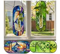 Ammzus 2 Pcs Stained Glass Plant Propagation Station - Hanging Wall Terrarium with Glass Tubes & Chains - Unique Dolphin & Botanical Vine Window Plant Holder Decor for Indoor Hydroponics