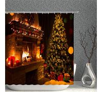 AMNYSF Christmas Tree with Ornamental Ball Decor Shower Curtain Fireplace Gifts Socks Burning Candles New Year Festive Celebration,70x70 Inch Waterproof Polyester Fabric Bathroom Accessories Curtains