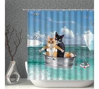 AMNYSF Funny Catanic Cats Titanic Cosplay Classic Romantic Pose Double Kitten In Green Ocean Decor Shower Curtain,70x70 Inch Waterproof Polyester Fabric Bathroom Accessories Curtains With 12pcs Hooks