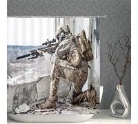 AMNYSF Military Exercise Field Operation Soldier Holding Gun Decor Gray Shower Curtain,70x70 Inches Waterproof Polyester Fabric Bathroom Accessories Curtains With 12pcs Hooks