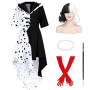 AMOBON Cruella Devil Women's Costume, Cruella Deville Dress, Hooded Coat in Dress Style, Evil Madame Dress, Cardigan for Halloween, Carnival, Cosplay, Carnival Party (Set of 5, L)