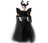 AMOBON Halloween Maleficent Costume Kids: Evil Queen Witch Dress with Wings Horns Cape for Girls Cosplay Carnival Party (M)