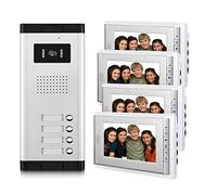 AMOCAM Video door phone System,Video Intercom Kit, 1 PCS Night Vision Camera, 4 PCS 7 Inches Monitor Wired Video Doorbell for 4 Units Apartment Home, Support Monitoring, Unlock, Dual Way Intercom