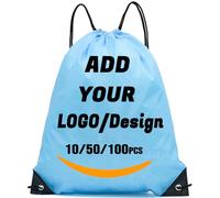 AMOFACIO Custom Drawstring Backpack 10/50/100/200 Pcs Personalized Bulk Sport Draw String Bags with Logo, Text, Design, Customized Promotional Items Sky Blue