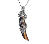 Amogeeli Dragon Wolf Tooth Inlaid Crystal Pendant for Men Women, Healing Necklace Amulet Vintage Gift Jewelry, Tiger's eye stone, tiger's eye stone