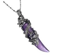 Amogeeli Dragon Wolf Tooth Inlaid Crystal Pendant for Men Women, Healing Necklace Amulet Vintage Gift Jewelry, Amethyst, amethyst crystal